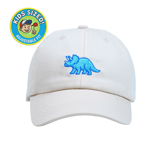 Triceratops Kid’s Hat – Light cream embroidered dinosaur cap for kids with blue triceratops design. A cute gift for young dinosaur lovers from Dad Brand.