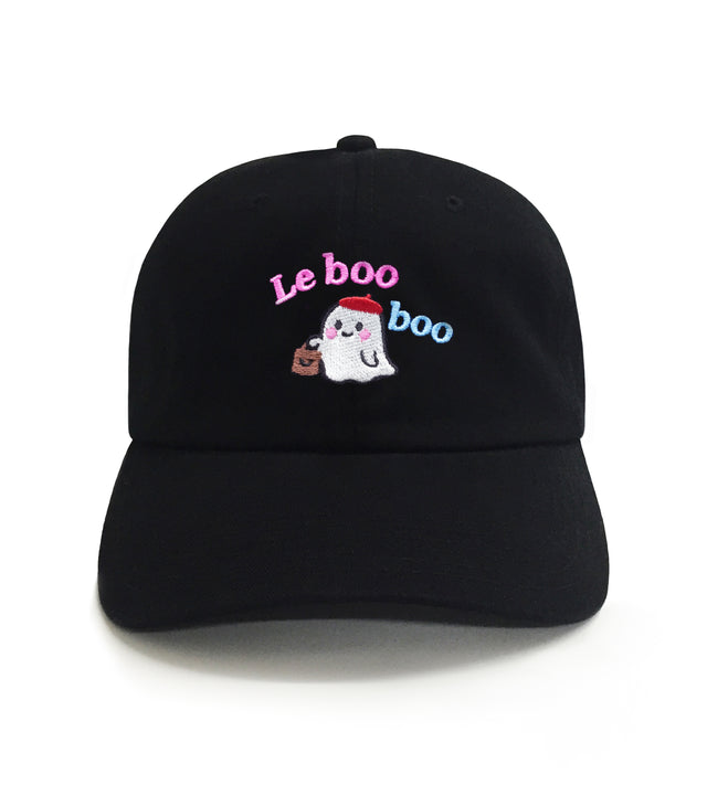 Le Boo Boo Dad Hat – Black 6-panel embroidered dad hat with ghost design. Funny Halloween hat & best gift for dads who love dad jokes.