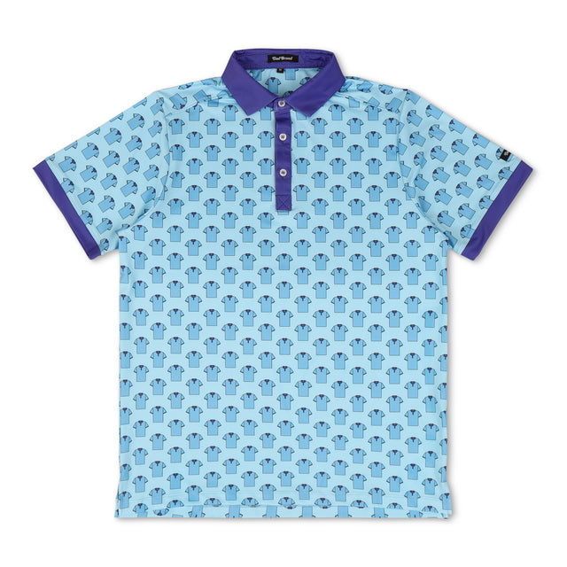 Polo Polo – Blue golf polo shirt for dads with all-over mini polo print. Lightweight and stylish gift from Dad Brand.