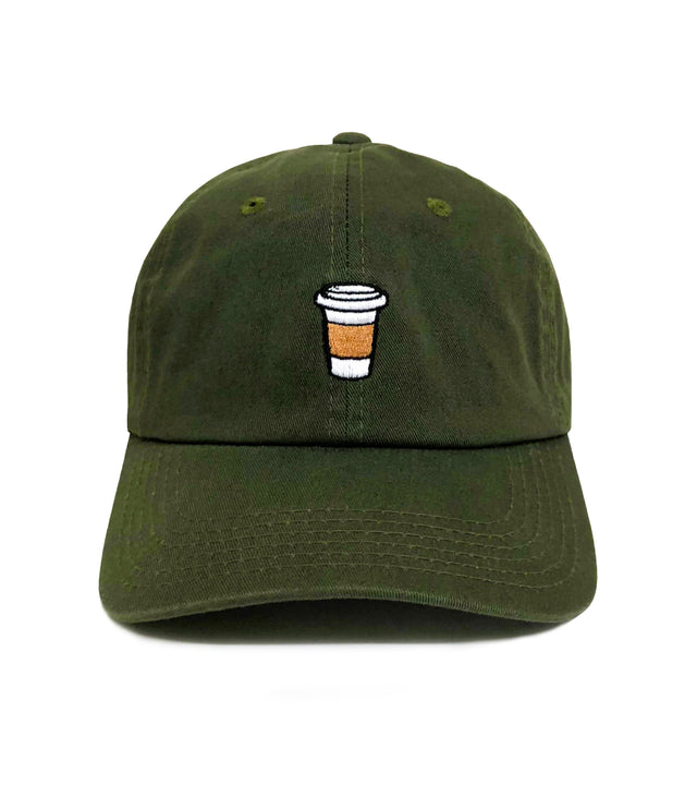 Coffee Dad Hat Olive Green – 6-panel cotton dad hat with embroidered coffee cup, adjustable strap, funny dad hat & coffee lover gift