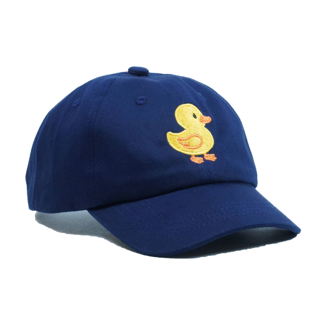 Blue cap with a yellow duck design on a white background