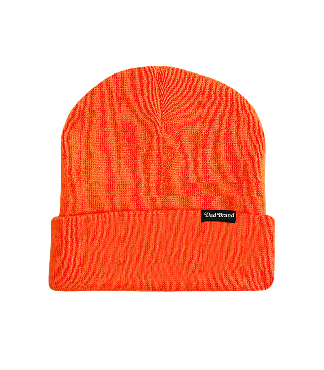 Sewn Tag Beanie – Safety orange acrylic beanie hat with sewn Dad Brand tag. Funny dad hat & perfect beanie gift for dads with great dad jokes.